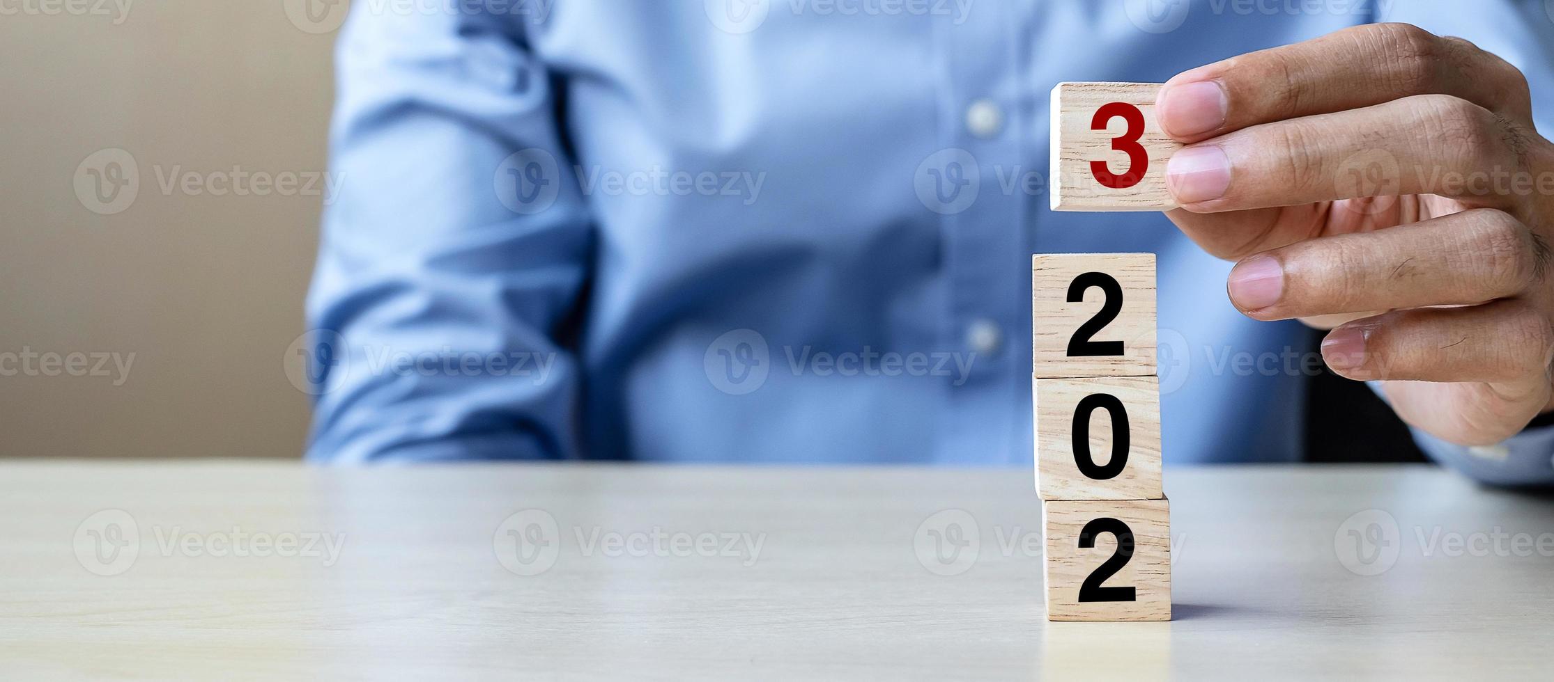 block 2023 text on table. Resolution, strategy, plan, goal, motivation, reboot, business and New Year holiday concepts photo