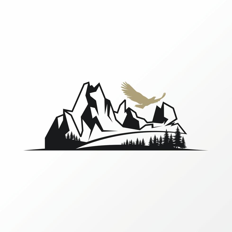 montaña de roca única pero simple con bosque denso e imagen de pájaro icono gráfico diseño de logotipo concepto abstracto stock vectorial. se puede utilizar como símbolo relacionado con la aventura o el paisaje vector