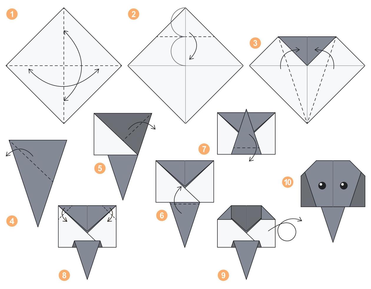 Elephant origami scheme tutorial moving model. Origami for kids. Step by step how to make a cute origami Elephant. vector