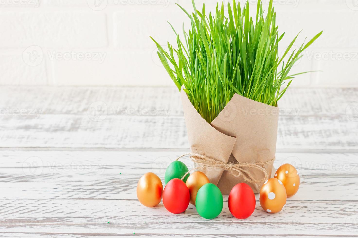 Happy Easter. Colorful Easter eggs in a basket. Easter background with copyspace photo