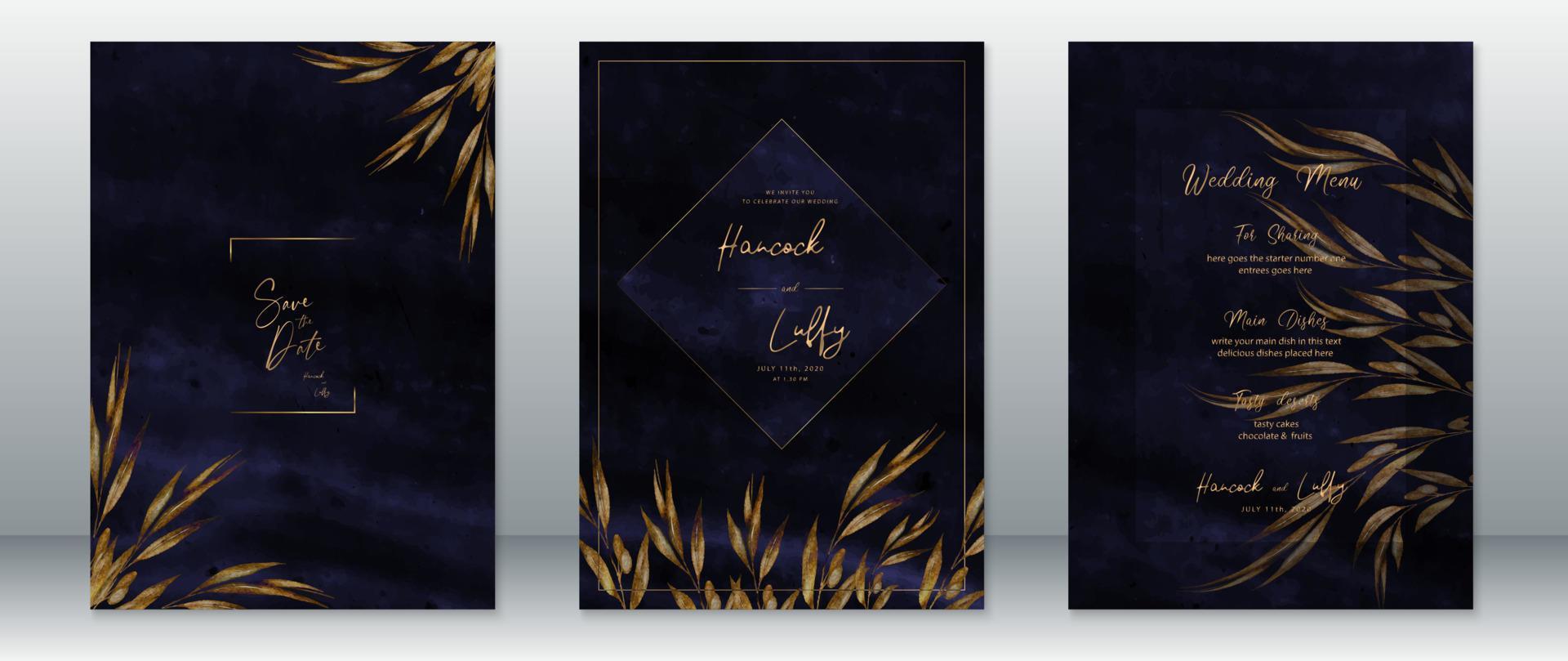 Wedding invitation card template luxury with dark navy background vector