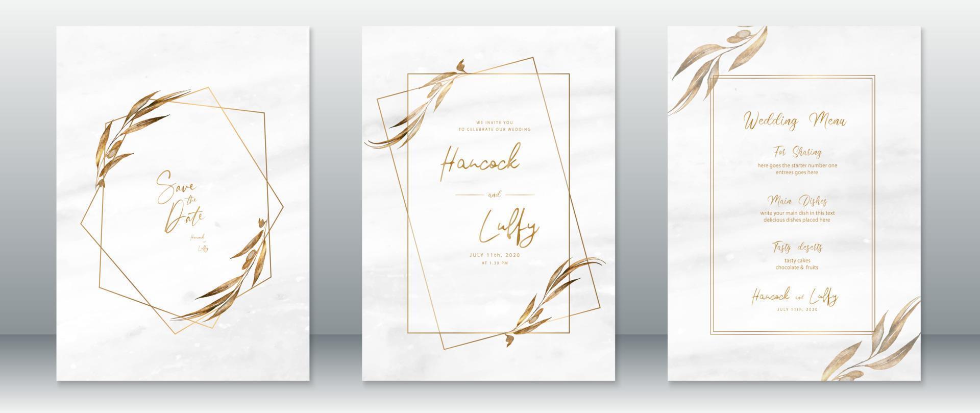 Luxury wedding invitation card template with white marble background vector