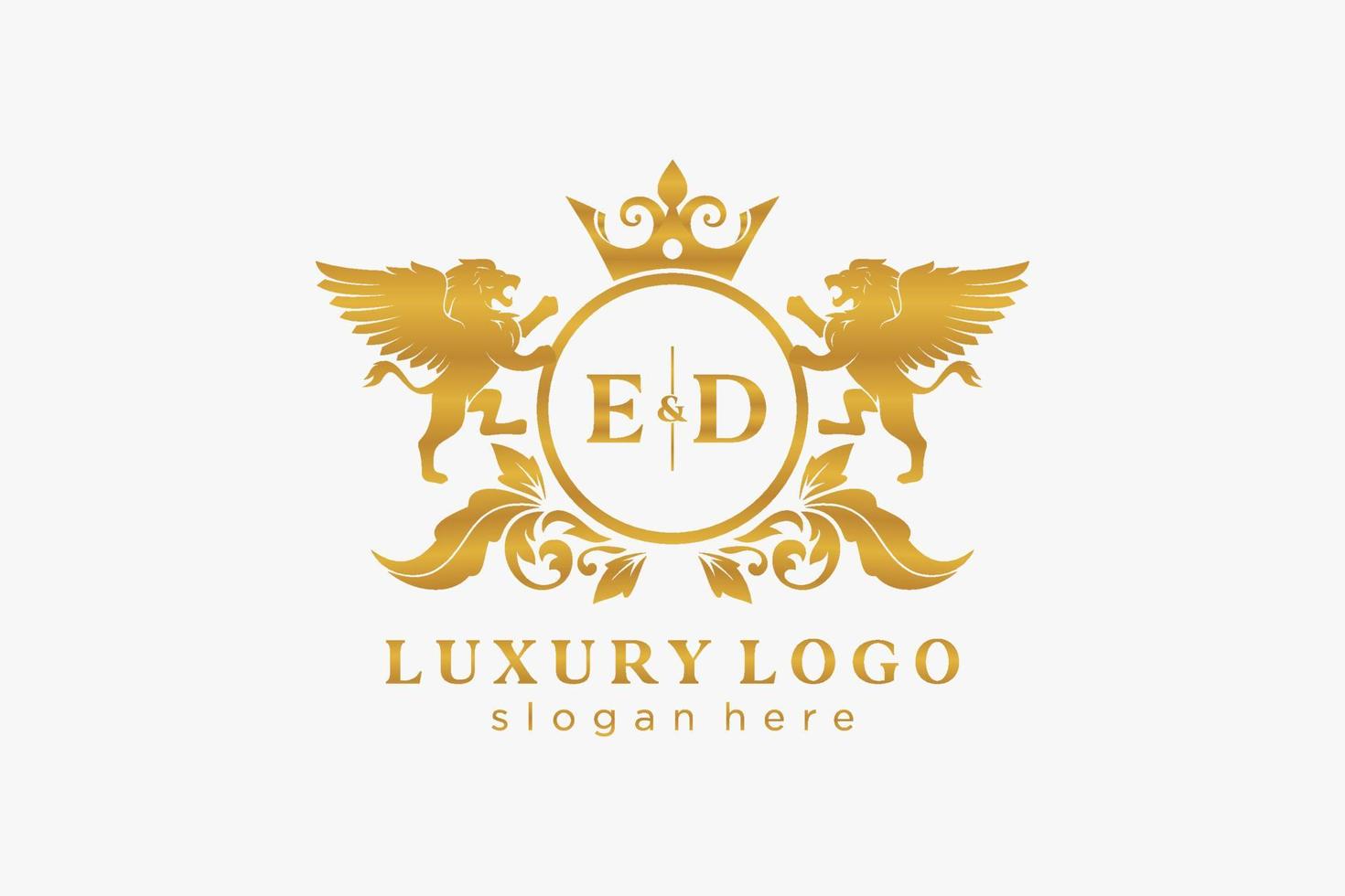 Initial ED Letter Lion Royal Luxury Logo template in vector art for Restaurant, Royalty, Boutique, Cafe, Hotel, Heraldic, Jewelry, Fashion and other vector illustration.