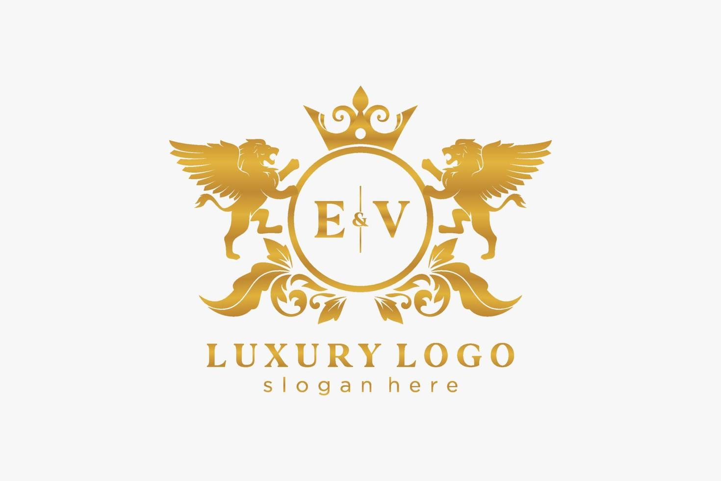 Initial EV Letter Lion Royal Luxury Logo template in vector art for Restaurant, Royalty, Boutique, Cafe, Hotel, Heraldic, Jewelry, Fashion and other vector illustration.