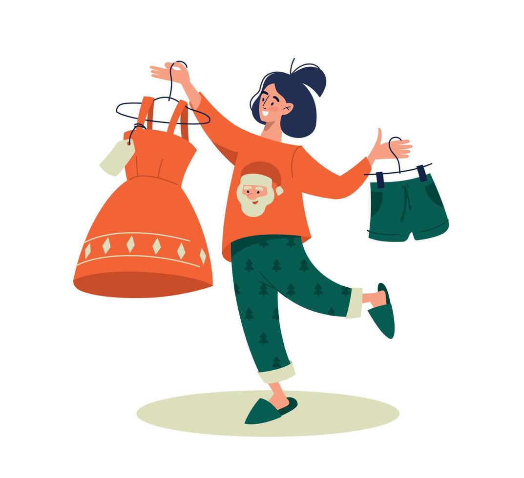 Clothes fitting. A woman is holding a new dress and new shorts in her hands. Vector image.