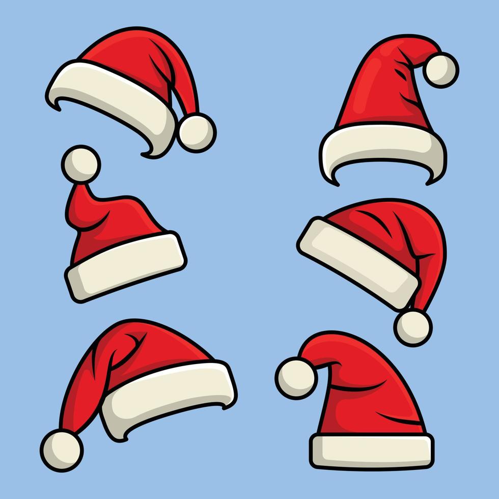 Cartoonish Santa hats. Santa Claus Christmas holiday caps, celebration fluffy plush cute red winter headwear costume, 3d isolated vector Xmas December headdress set