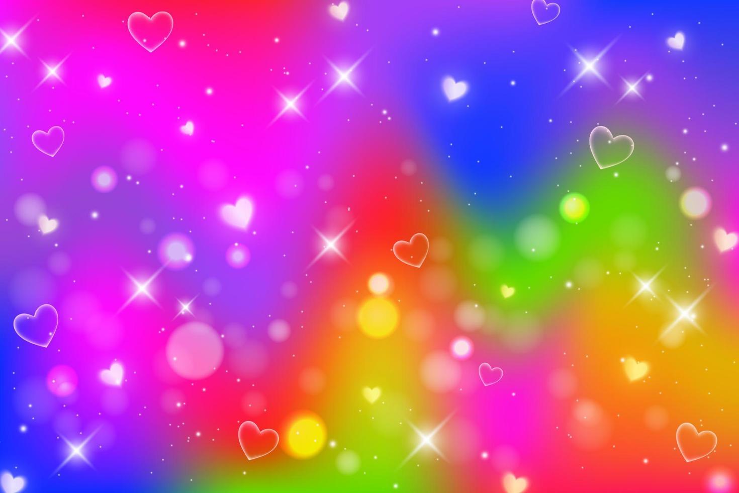 Rainbow fantasy background. Bright multicolored sky with stars, bokeh and hearts. Holographic wavy illustration. Vector. vector