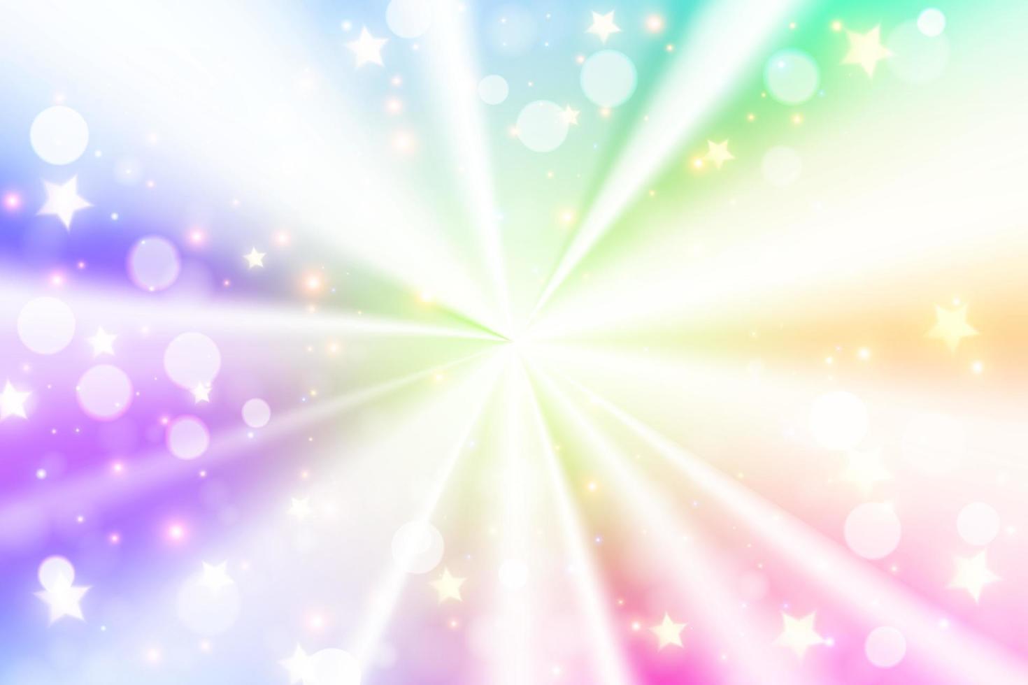 fondo degradado de lámina radial holográfica con estrellas sparcles y bokeh. textura cónica del círculo de fantasía. fondo de pantalla de unicornio arcoiris. ilustración vectorial vector