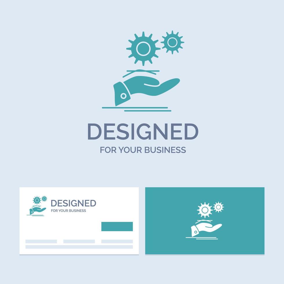 solution. hand. idea. gear. services Business Logo Glyph Icon Symbol for your business. Turquoise Business Cards with Brand logo template. vector