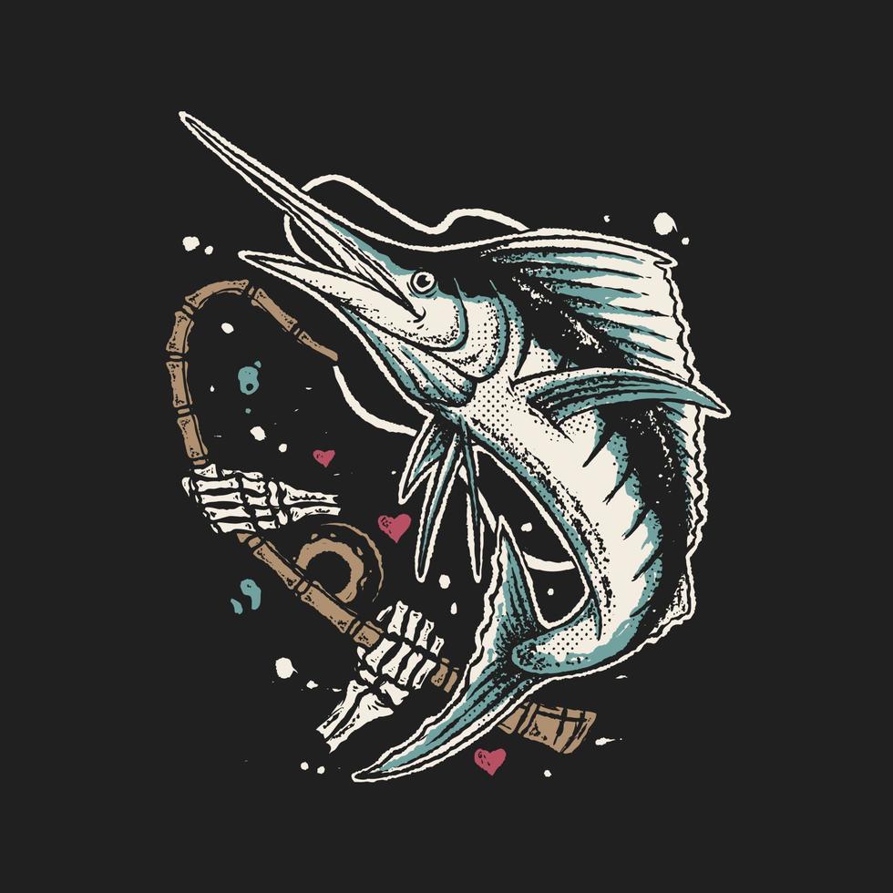 Skeleton hand fishing marlin vector