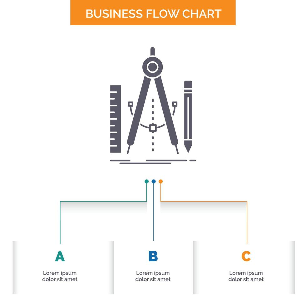 Build. design. geometry. math. tool Business Flow Chart Design with 3 Steps. Glyph Icon For Presentation Background Template Place for text. vector