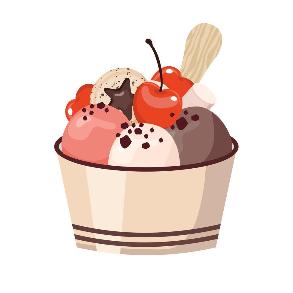 Ice cream balls - strawberry, chocolate, sundae with berries in a bowl. vector