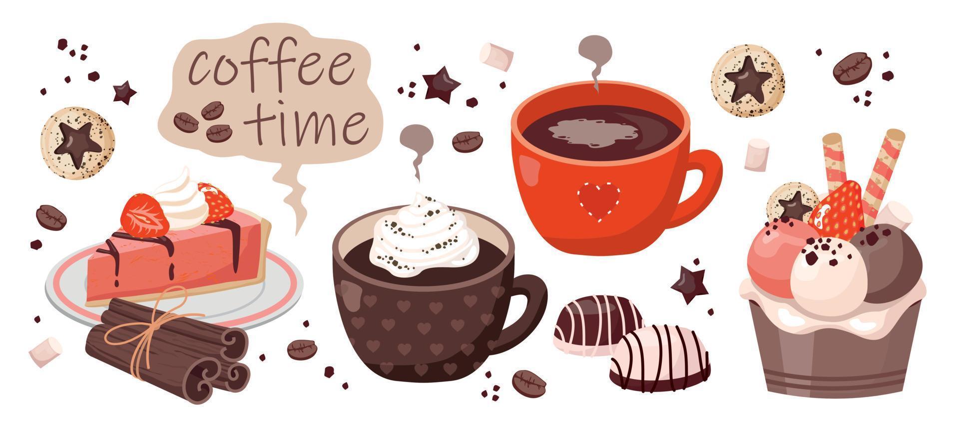 Coffee time set - Cup of coffee, cheesecake, strawberry, candy, cinnamon, ice cream balls, cookies, coffee beans. vector