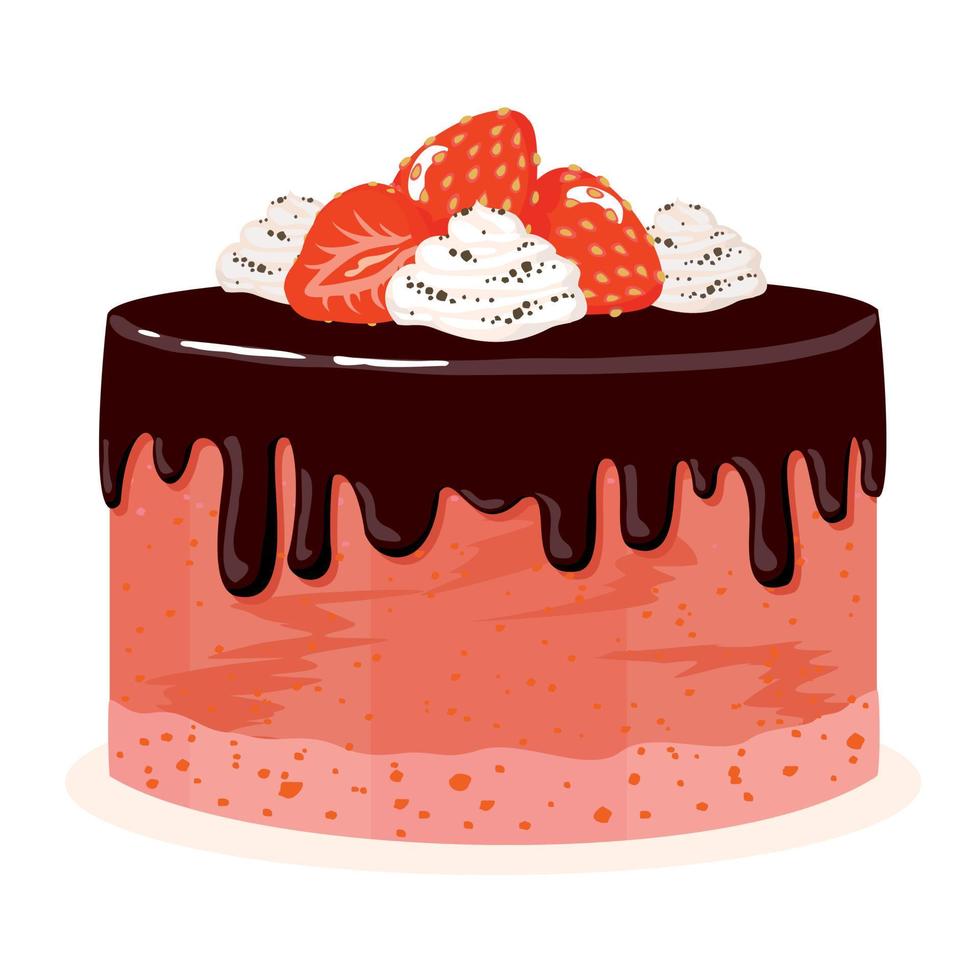 Sponge cake with strawberries, whipped cream and chocolate icing. vector