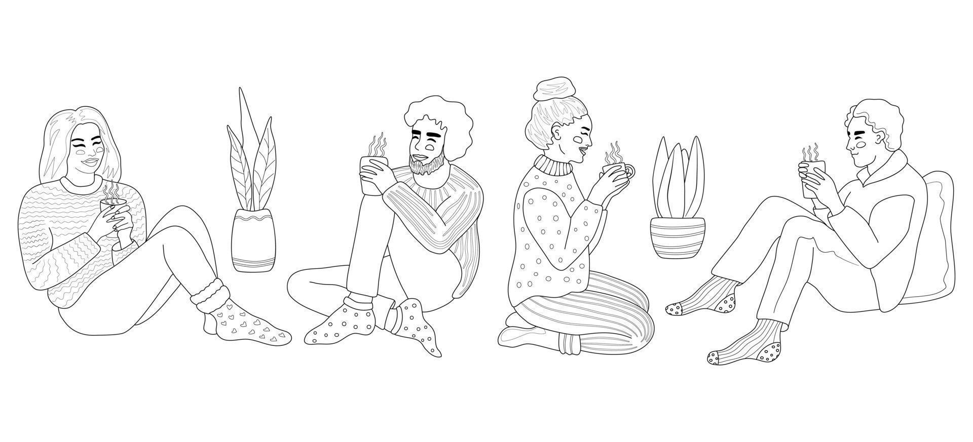 Outline characters. Men and women holding cups with hot coffee or tea, sitting and smiling. A concept of cozy romantic evenings. Autumn or winter everyday fashion. vector