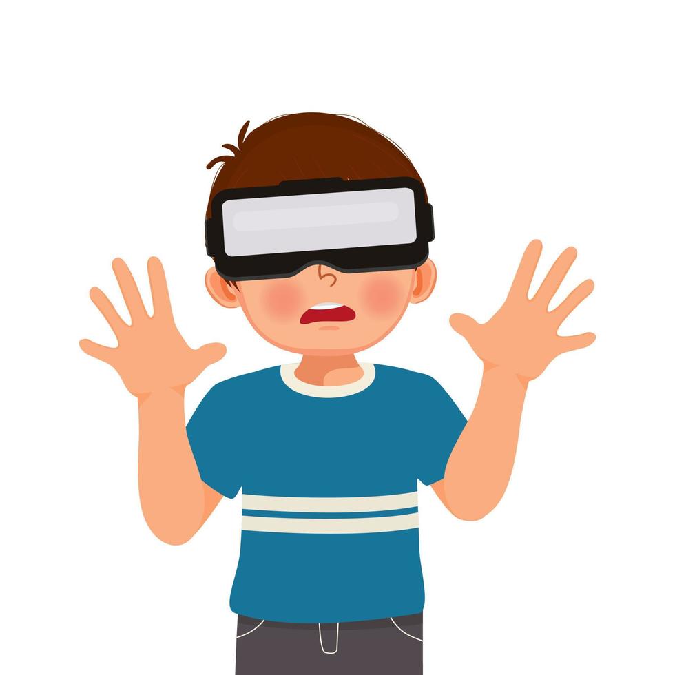 cute little by wearing virtual reality headset exploring virtual world by gesturing with his hands vector