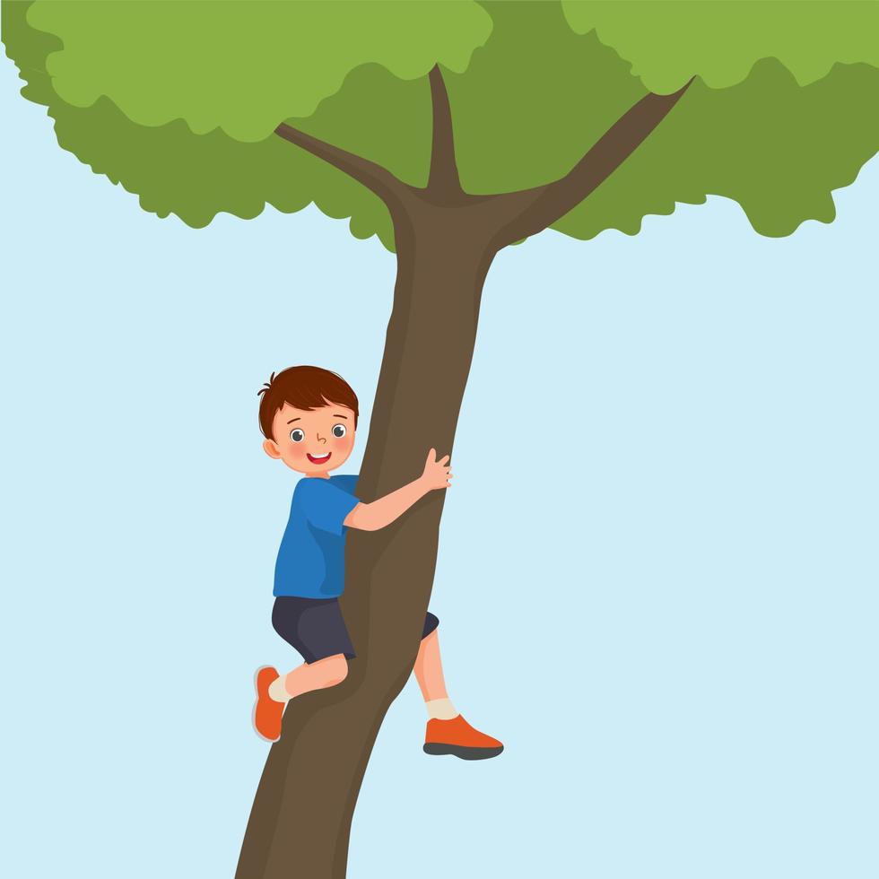 lindo niño escalando un gran árbol en el parque vector