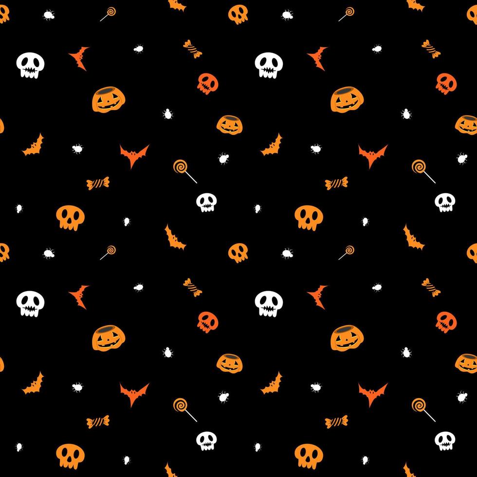 Vector - Abstract seamless pattern of many element of Halloween on black background. Pumpkin, skull, ghost, candy, lollipop, bat and spider.