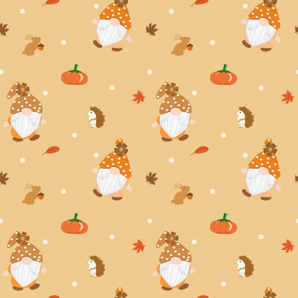 Vector - Abstract seamless pattern of cute Gnomes, pumpkin, maple leaves, porcupine, rabbit on autumn background. Fall season. Can be use for print, paper, fabric, wrapping, greeting.