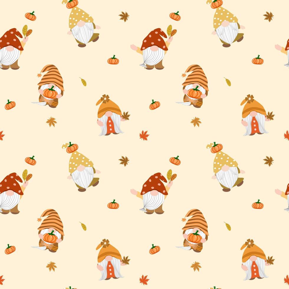 Vector - Abstract seamless pattern of cute Gnome holding pumpkin, maple leaves on autumn background. Fall season.