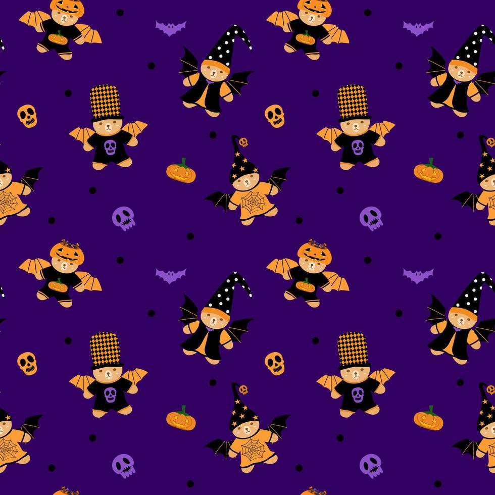Vector - Abstract seamless pattern of cute many Teddy bear with wing and Halloween cloth, skull, bat on purple background. Holiday. Can be use for print, paper, wrapping, backdrop, fabric.