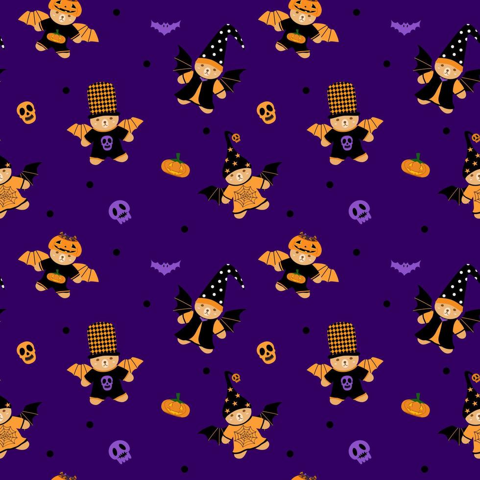 Vector - Abstract seamless pattern of cute many Teddy bear with wing and Halloween cloth, skull, bat on purple background. Holiday. Can be use for print, paper, wrapping, backdrop, fabric.