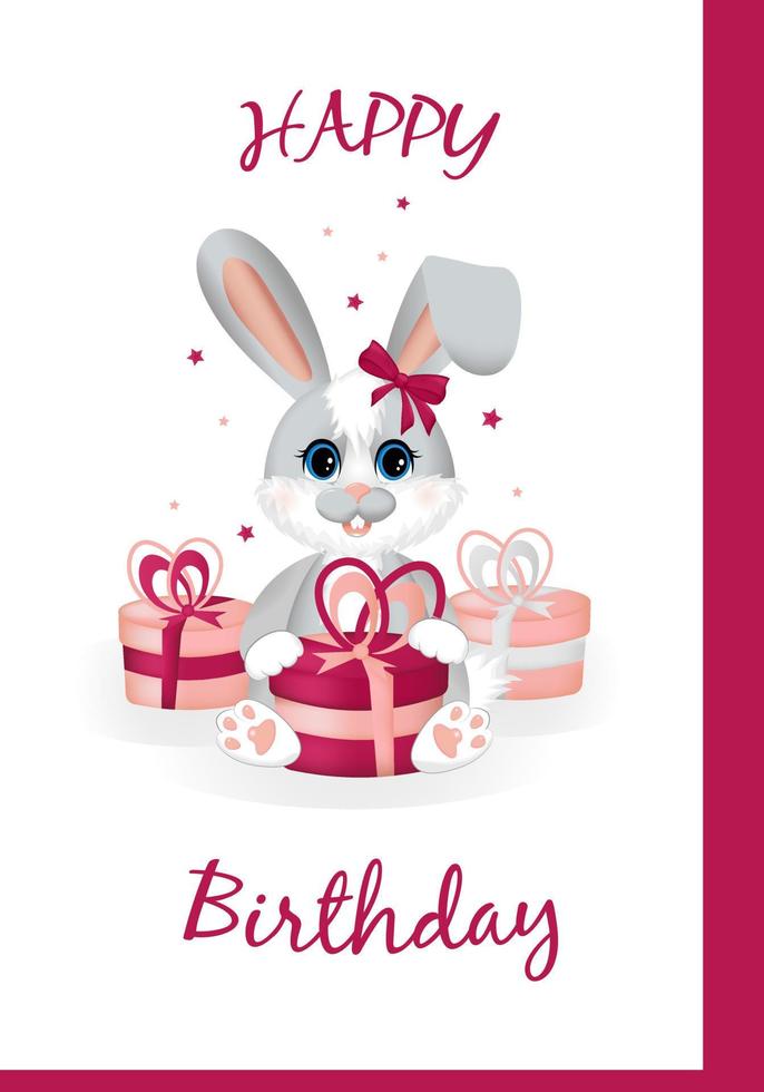 Happy Birthday. Cute little rabbit or hare sitting with gifts. vector