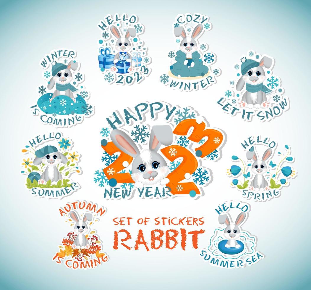 Set of stickers with symbol of the 2023 year. Cute little rabbit or hare in different seasons and new year. vector