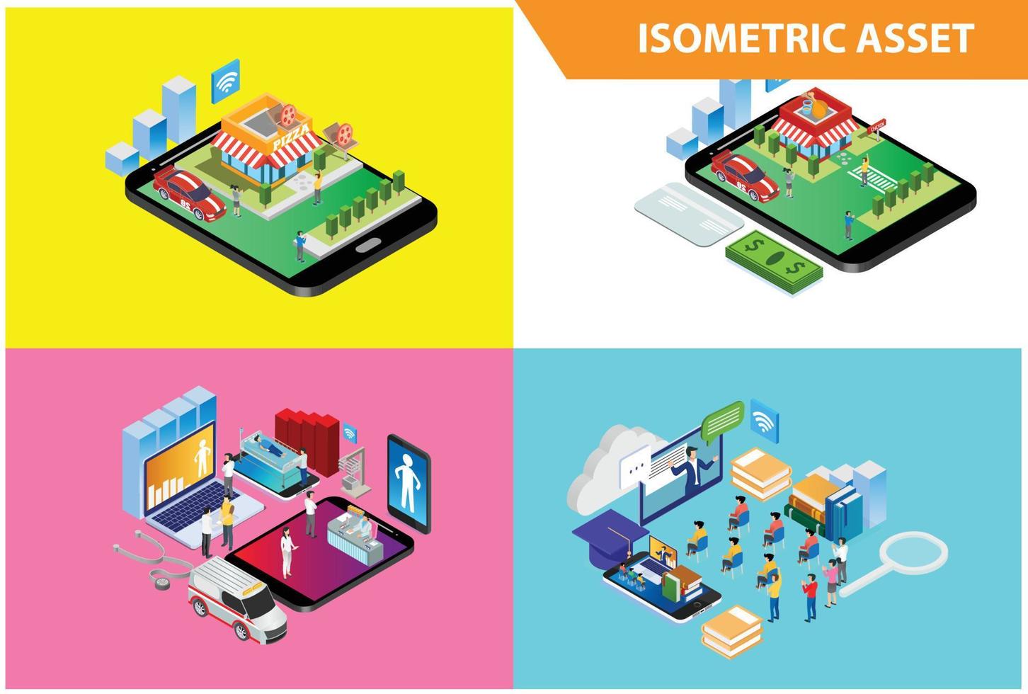 Modern 3d Isometric Set collection Smart Shop Online Technology Illustration in White Isolated Background With People and Digital Related Asset vector