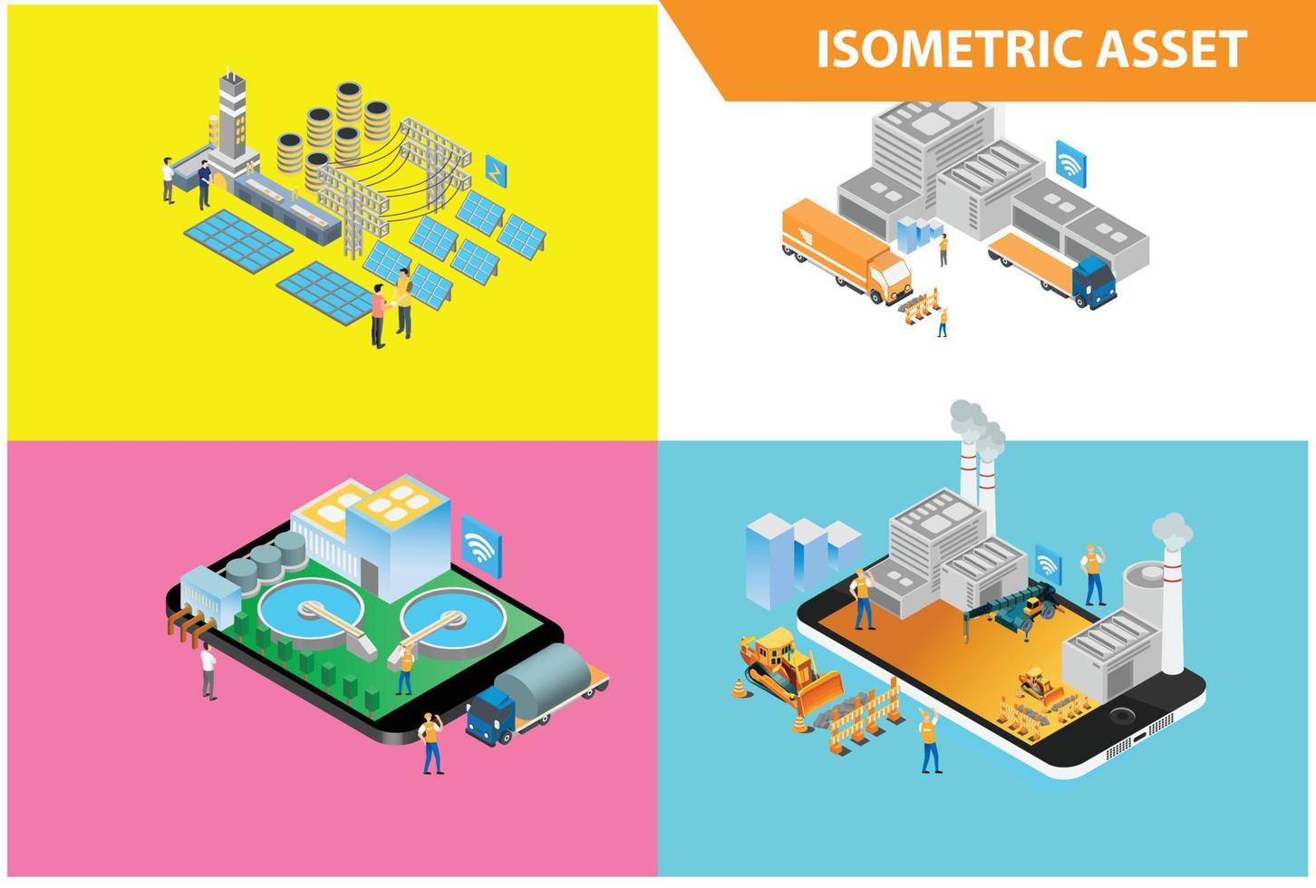 Modern 3d Isometric Set collection Smart Industrial Technology Illustration in White Isolated Background With People and Digital Related Asset vector