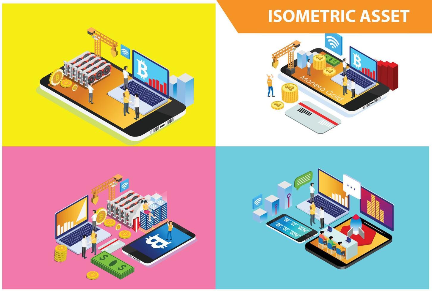 ilustración de tecnología en línea de tienda inteligente de colección de conjunto isométrico 3d moderno en fondo blanco aislado con personas y activos digitales relacionados vector