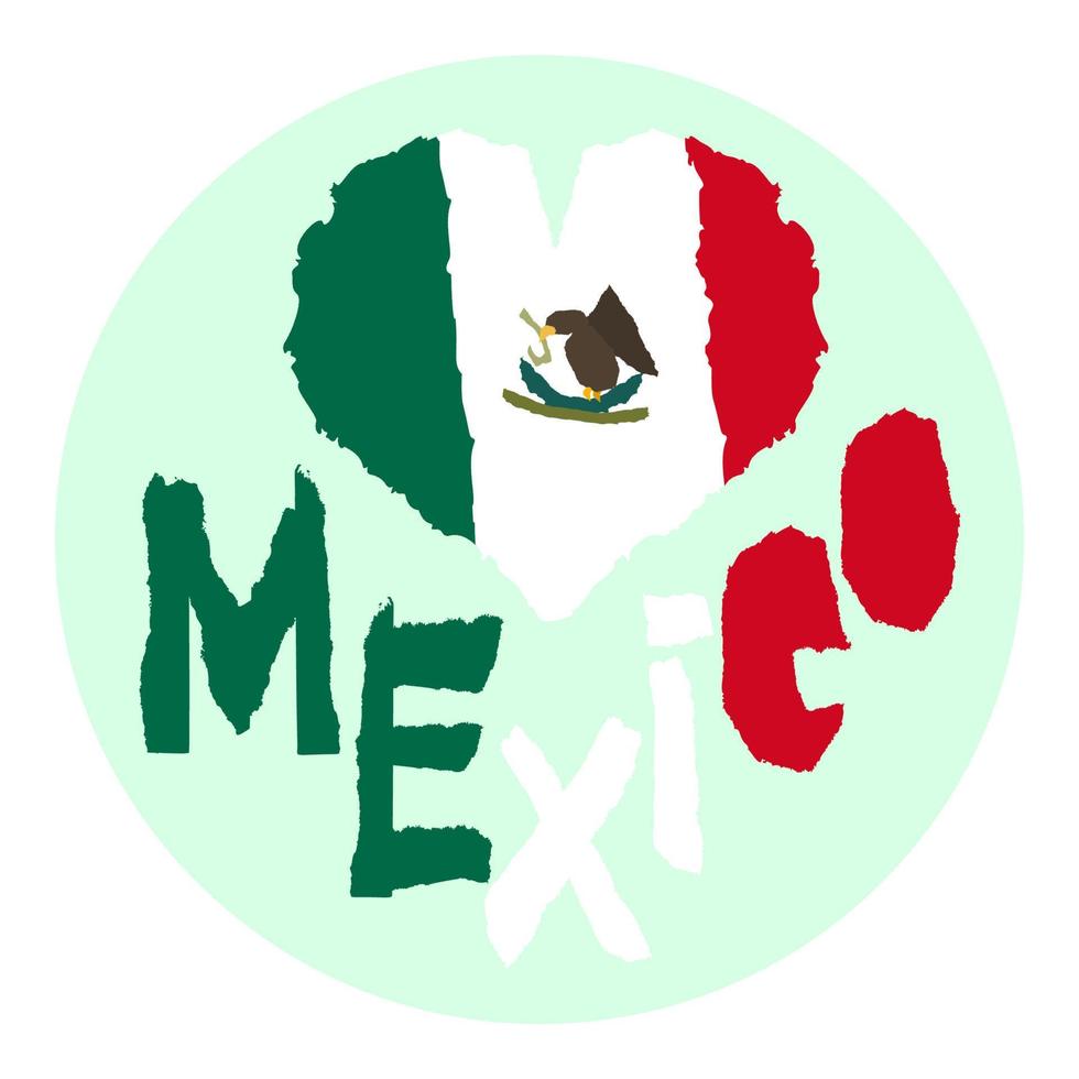 Love Mexico, America. Vintage national flag in silhouette of heart Torn paper grunge texture style. Independence day background. Good idea for retro badge, banner, T-shirt graphic design. vector