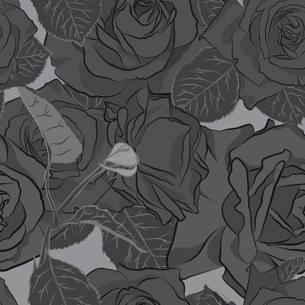 Beautiful black, gray and white rose flower, seamless pattern. Botanical hand drawn silhouette. Flat stylization color vector