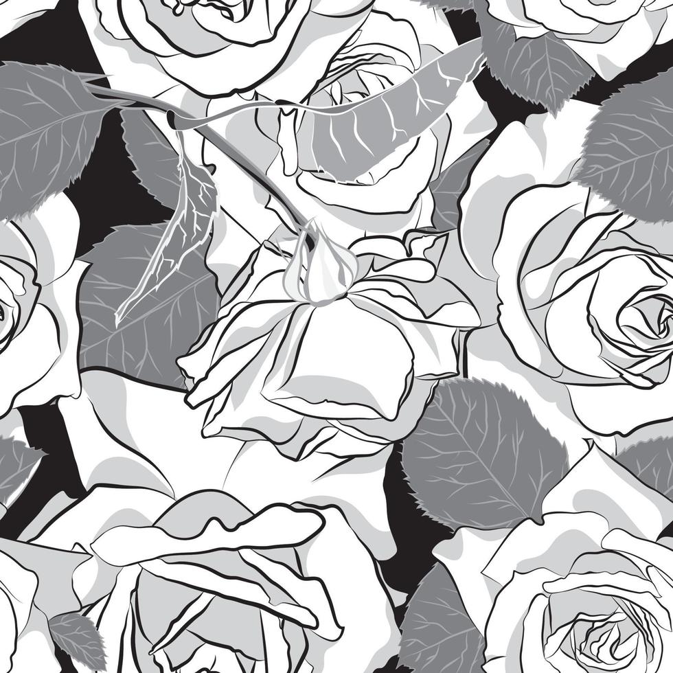 Beautiful black, gray and white rose flower, seamless pattern. Botanical hand drawn silhouette. Flat stylization color vector