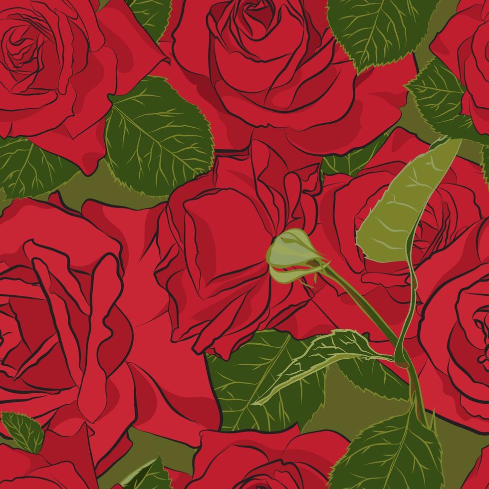 hermoso patrón sin costuras de rosa roja. silueta botánica de flor. color de estilización plana vector