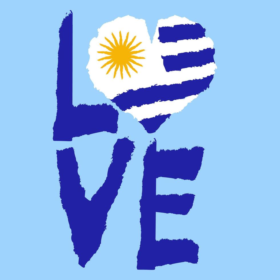 Love Uruguay, America. Vintage national flag in silhouette of heart Torn paper grunge texture style. Independence day background. Good idea for retro badge, banner, T-shirt graphic design. vector