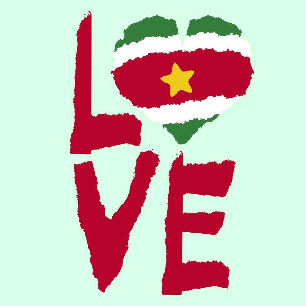 Love Suriname, America. Vintage national flag in silhouette of heart Torn paper grunge texture style. Independence day background. Good idea for retro badge, banner, T-shirt graphic design. vector