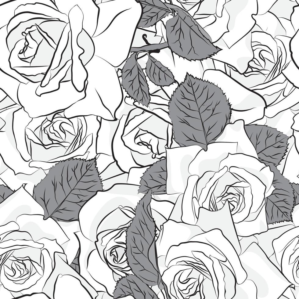 hermosa flor de rosa negra, gris y blanca, patrón sin costuras. silueta botánica dibujada a mano. color de estilización plana vector