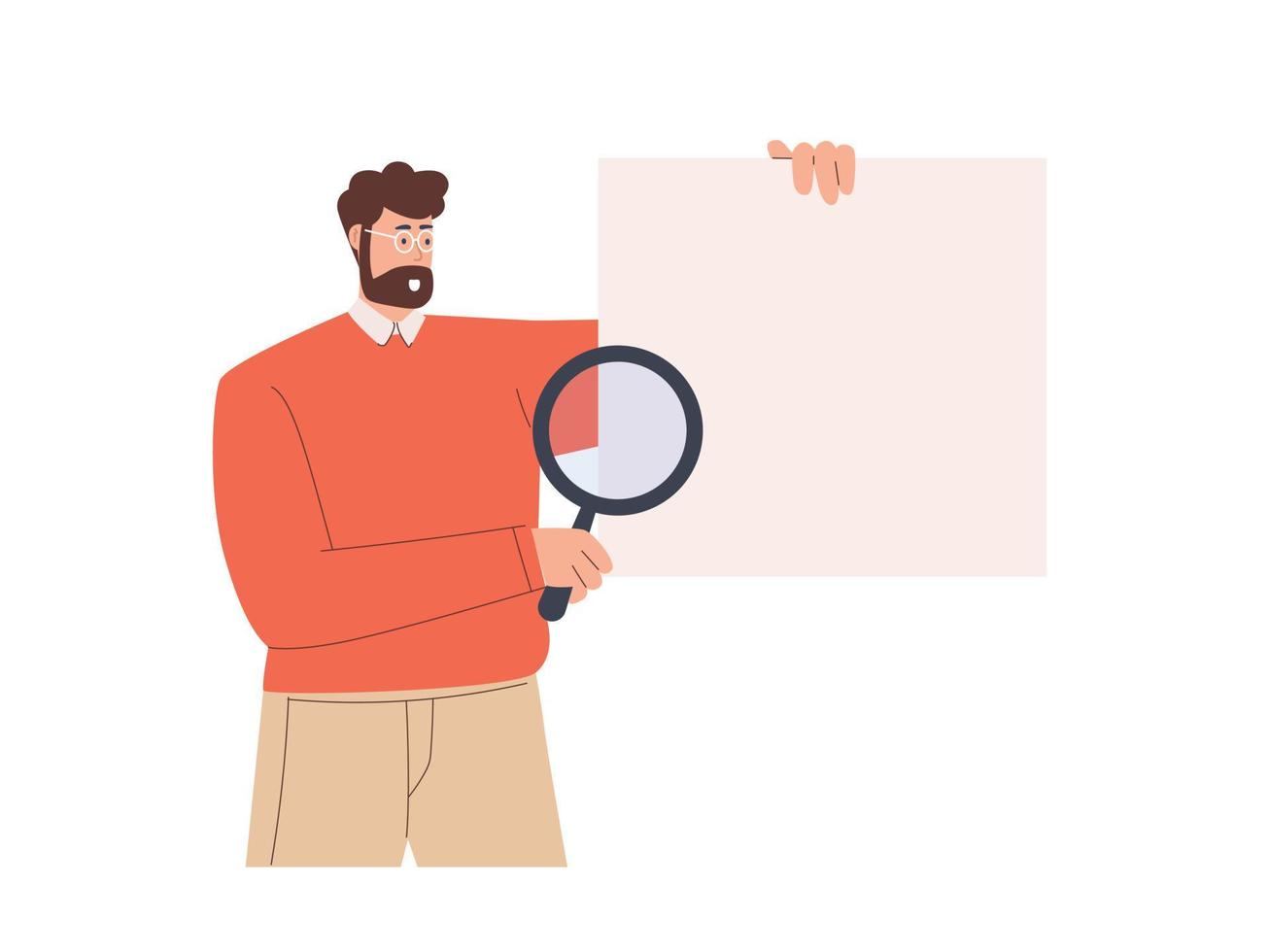 Man showing or holding empty white board analyzing with magnifying glass vector