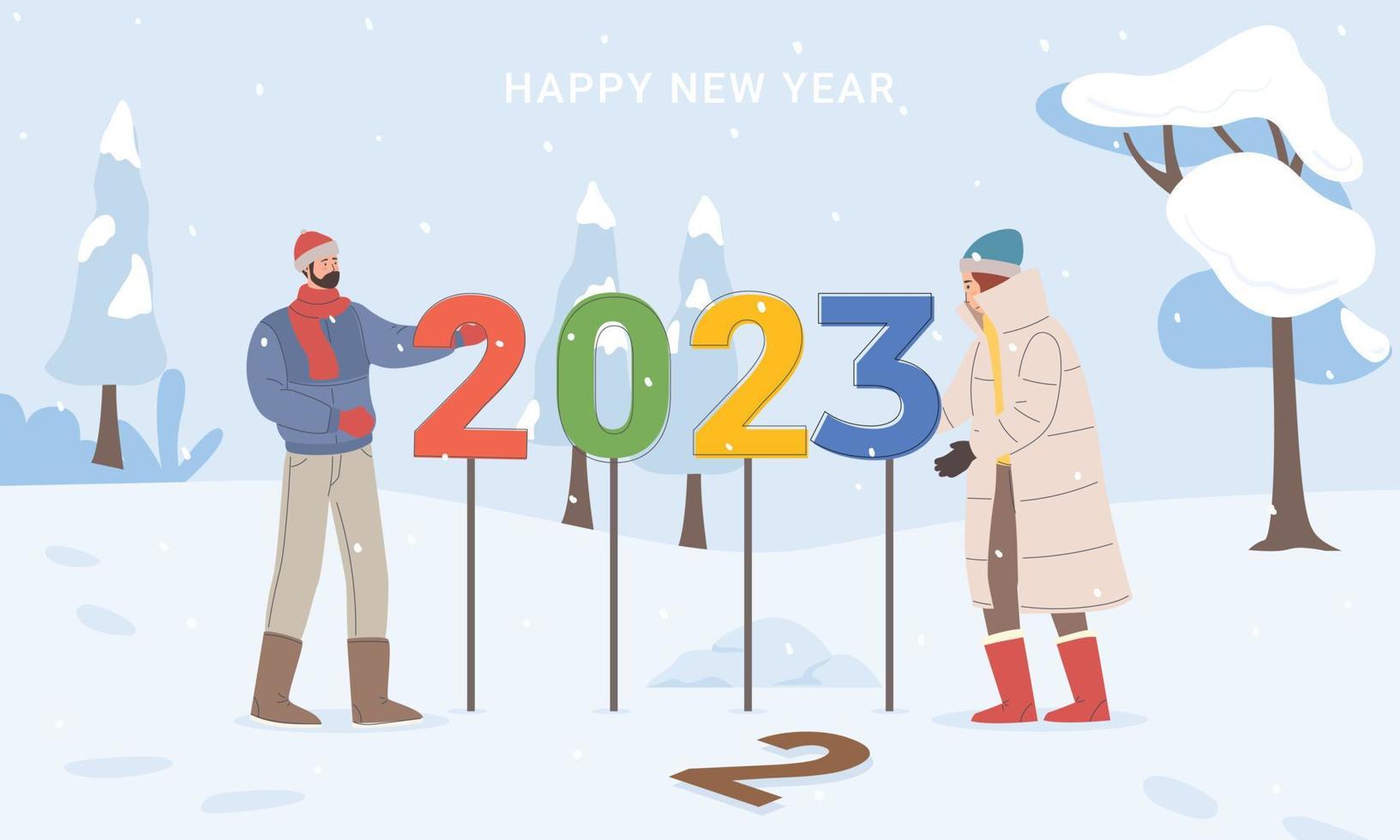 Happy New Year 2022 Joyful people and Big numbers 2022 celebration illustration vector