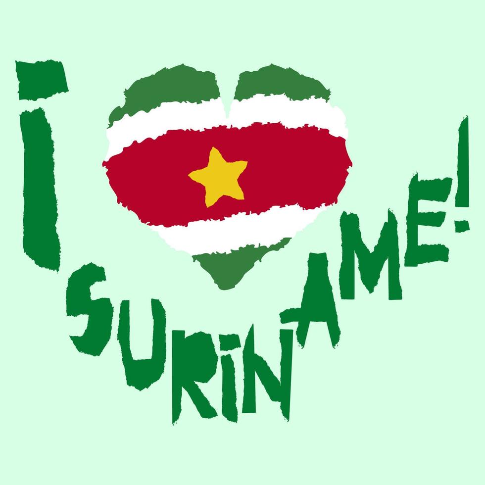 Love Suriname, America. Vintage national flag in silhouette of heart Torn paper grunge texture style. Independence day background. Good idea for retro badge, banner, T-shirt graphic design. vector