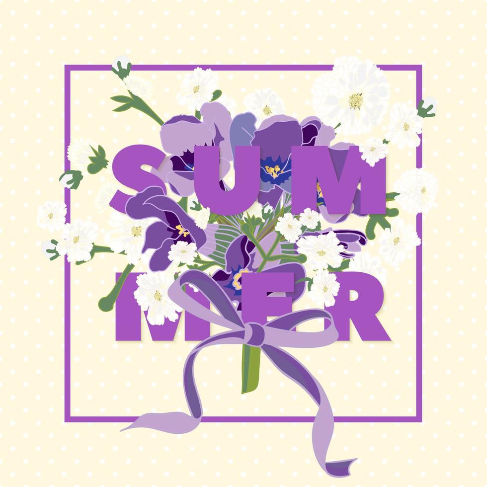 fondo floral de verano con hermosas flores de lavanda sobre fondo blanco. tarjeta de felicitación de tipografía multicolor vector