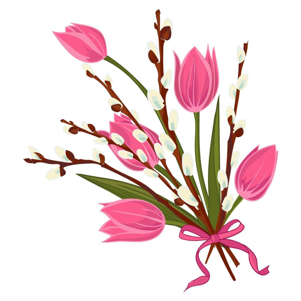 fondo floral primaveral con hermoso ramo de tulipanes y flor de sauce vector