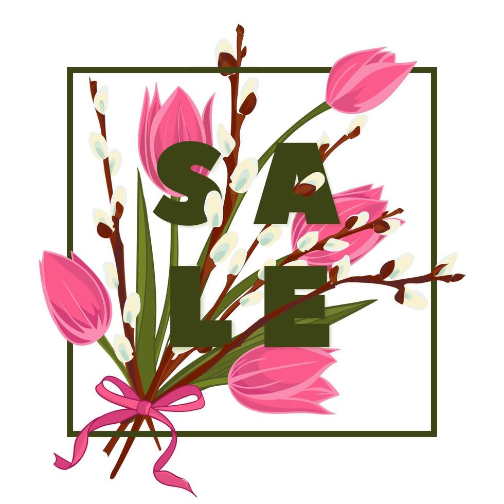Floral tulip and pussy willow hand drawn colored card. Modern typography with text sale vector