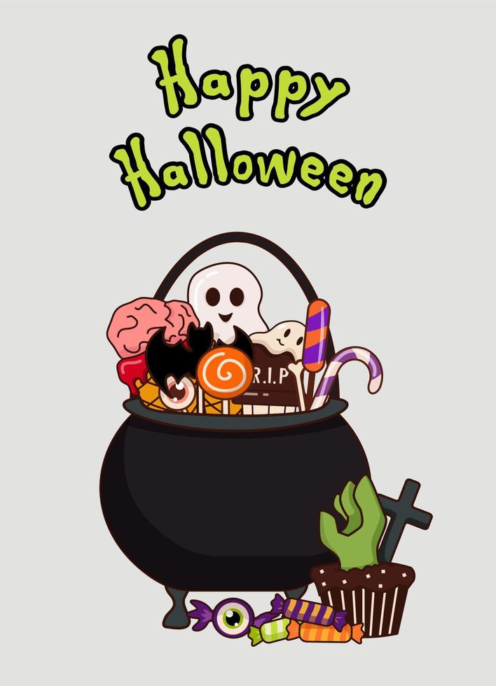 Halloween candy container in the shape of a cauldron. Witch's cauldron filled with candy and cakes. Bright vector illustration. Suitable for postcards, banners, posters