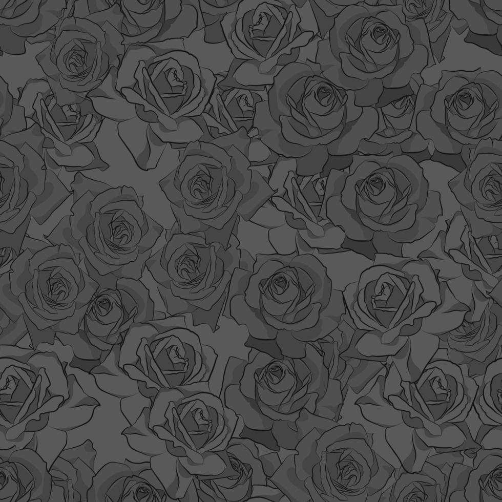 Beautiful black, gray and white rose flower, seamless pattern. Botanical hand drawn silhouette. Flat stylization color vector