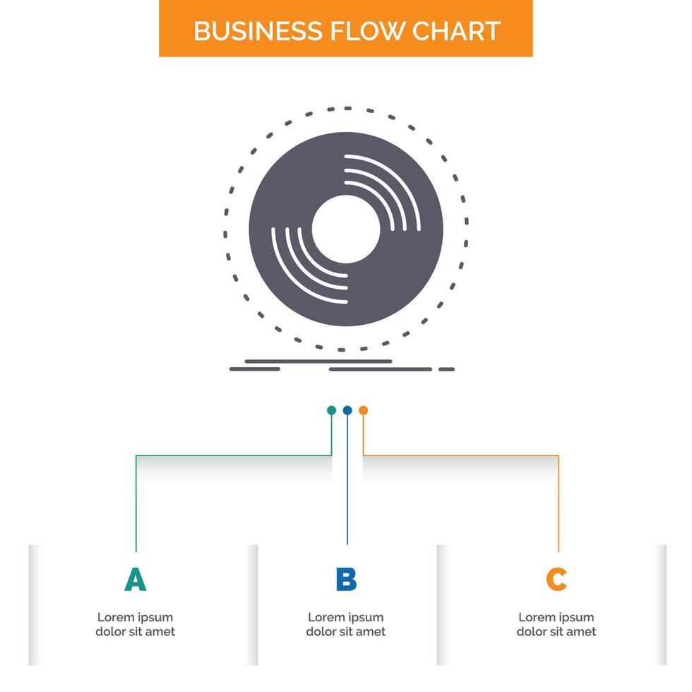 Disc. dj. phonograph. record. vinyl Business Flow Chart Design with 3 Steps. Glyph Icon For Presentation Background Template Place for text. vector