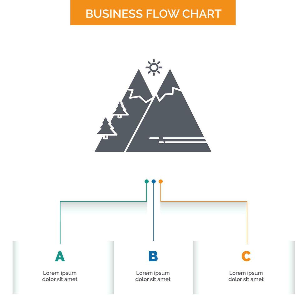 Mountains. Nature. Outdoor. Sun. Hiking Business Flow Chart Design with 3 Steps. Glyph Icon For Presentation Background Template Place for text. vector