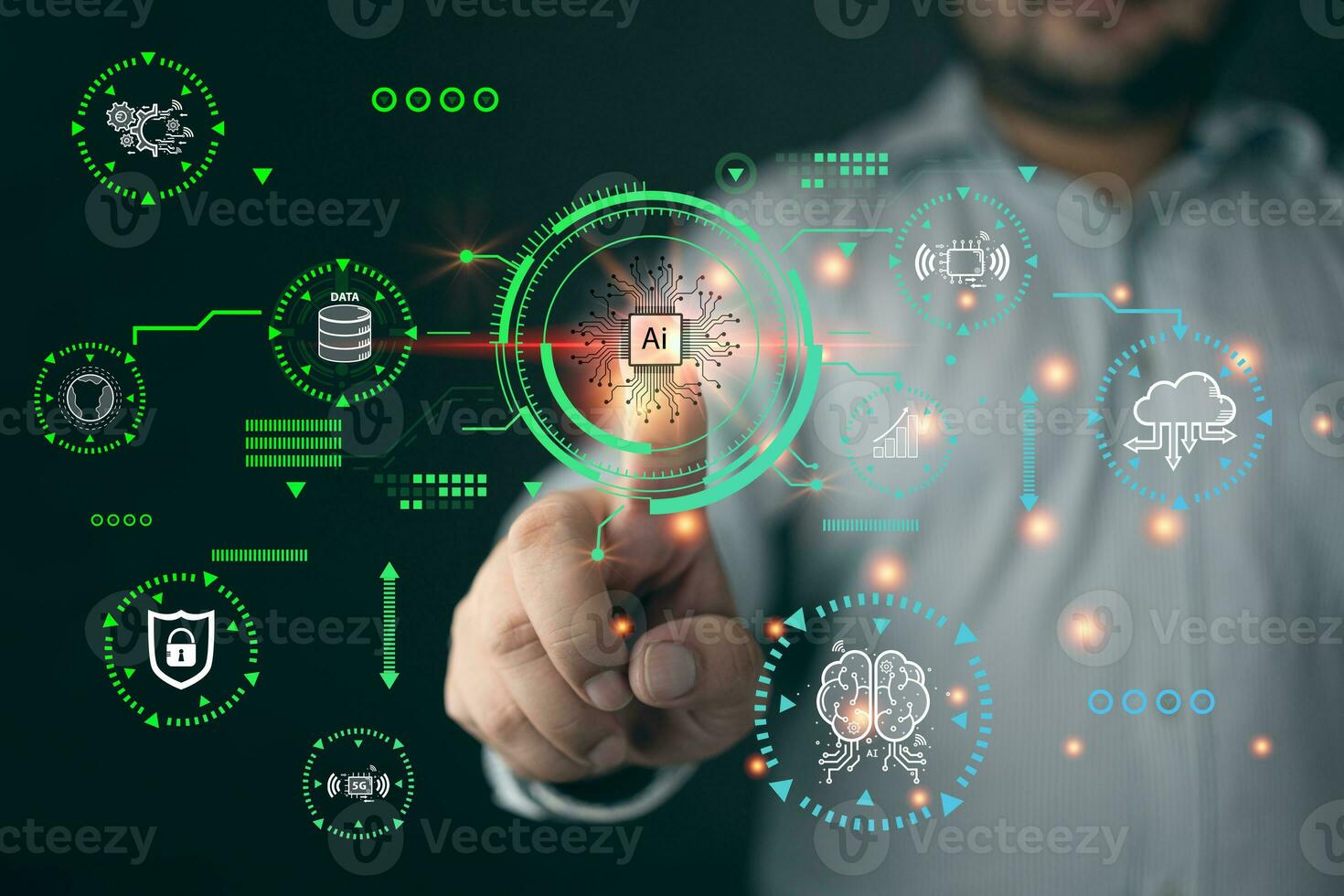 Man pointing to Artificial intelligence concept of next generation technology. photo