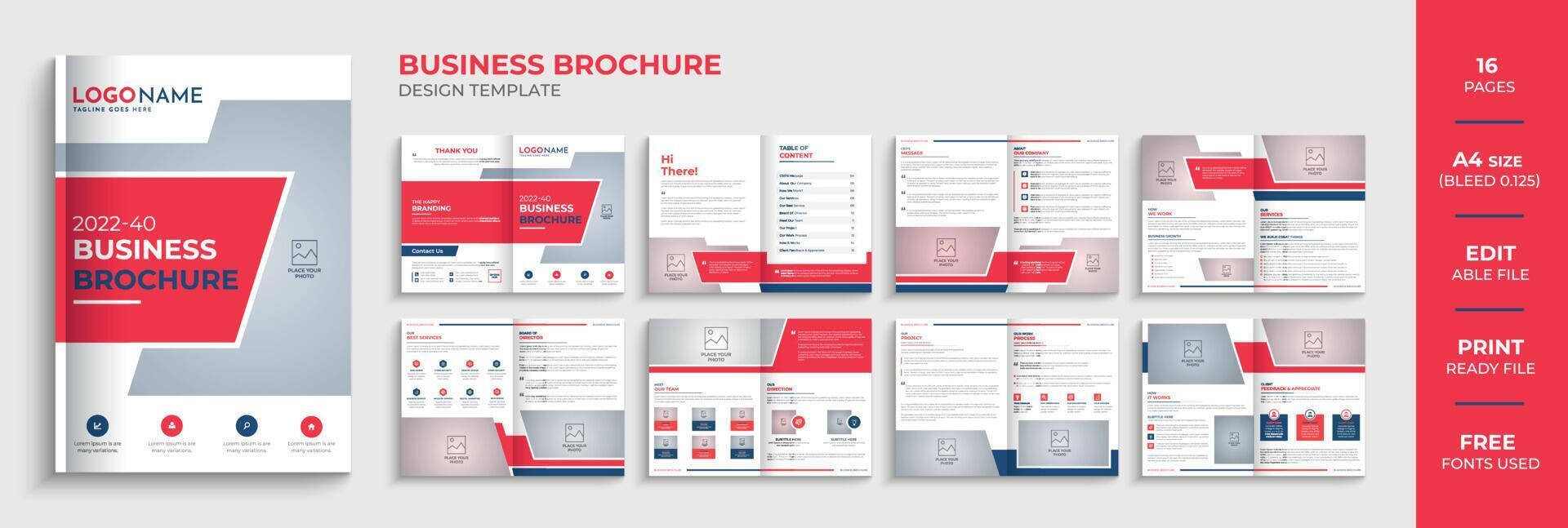 Diseño de plantilla de folleto de perfil de empresa comercial de 16 páginas, informe anual, perfil de empresa corporativa, diseño de plantilla editable. vector